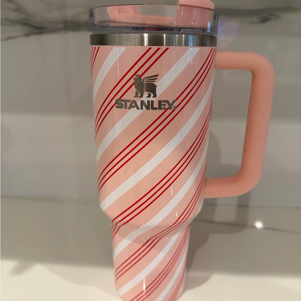 Stanley 40 ounce Pink and Red Striped Travel Mug with Handle and straw